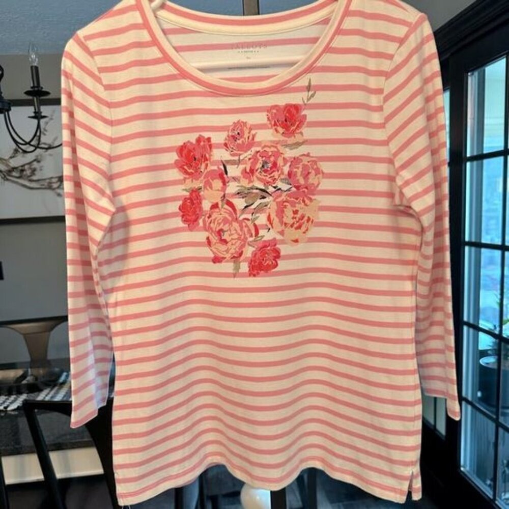 Talbots Women's Floral Stripe Crew Neck 3/4 Sleeve Top Pink White Petite Size SP